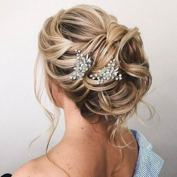 Flower Bride Wedding Hair Pins Silver Crystal Bridal Hair Pieces Rhinestone Hair Accessories Leaf Prom Hair Clips for Women and Girls (Pack of 2)