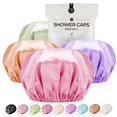 thumbnail image 1 of Gorro de ducha para mujer Gorros de ducha extra grandes reutilizables para hombres Satén Doble capa EVA Gorros de pelo largo impermeables (púrpura claro, marrón, rosa, verde, paquete de 4), 1 of 5