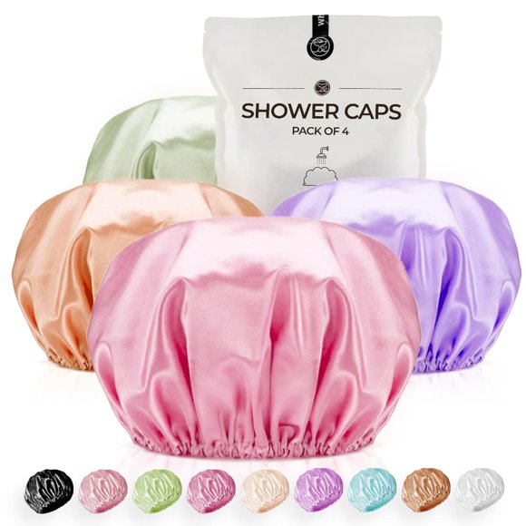 Gorro de ducha para mujer Gorros de ducha extra grandes reutilizables para hombres Satén Doble capa EVA Gorros de pelo largo impermeables (púrpura claro, marrón, rosa, verde, paquete de 4)