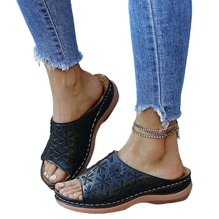 gakvov Slides For Women Dressy Summer Wedge Heel Slippers Embroidered Sandals Footwear Casual Thick Bottom Carved Women S Shoes Roman Slippers Slides