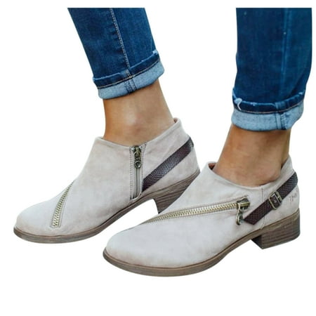 

Yoslce Ankle Boots for Women Large Size Zipper Belt Nude Boots Low-heel Breathable Leather Ankle Boots Gray 37