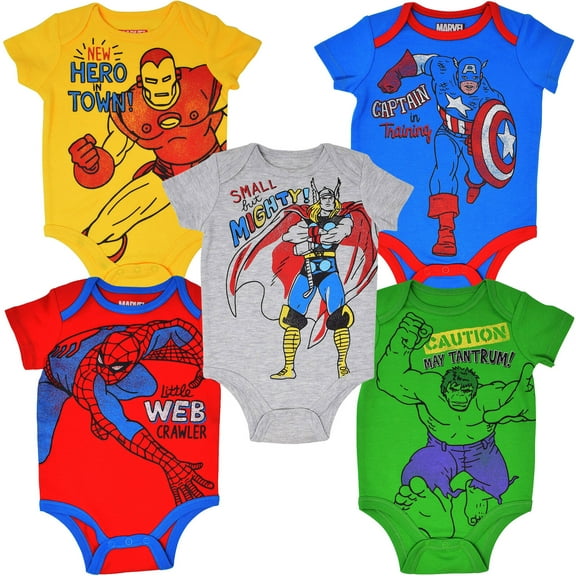 Marvel Avengers Newborn Baby Boys 5 Pack Bodysuits Newborn to Infant