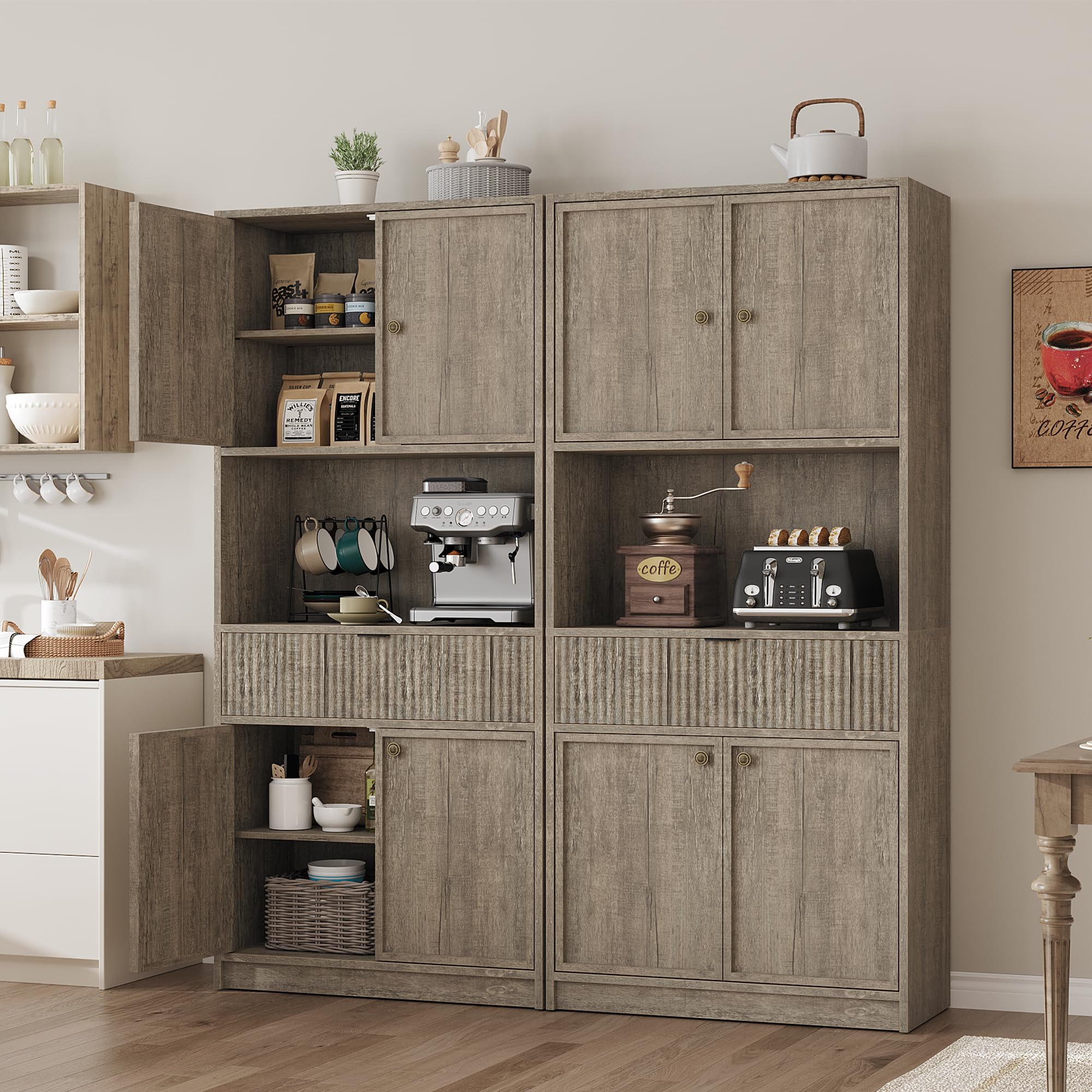 Danolapsi 70" Tall Pantry Cabinet, Kitchen Hutch Storage Cabinet with Countertop for Microwave, Fluted Pantry Storage Cabinets with Drawer, Freestanding Cupboard for Dining Room, Living Room