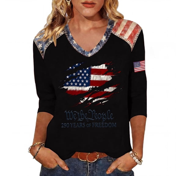 4th of July Patriotic Top Women's 3/4 Sleeve V-Neck Tee American Flag Print We The People 250 Years of Freedom Casual Shirt USA 250th Anniversary Independence Day Blouse Black L