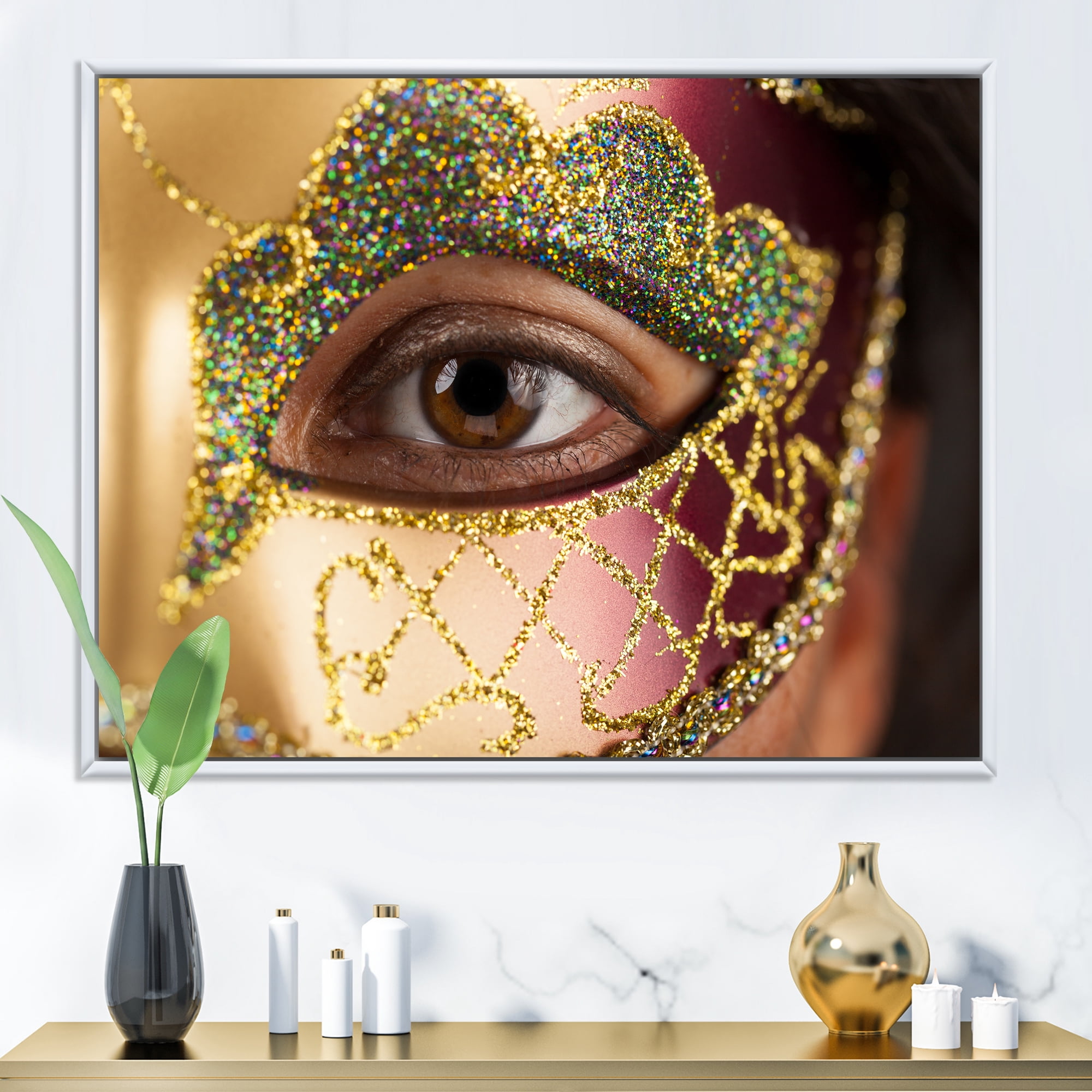 Designart 'Girl With Venetian Mask' Modern Framed Canvas Wall Art Print