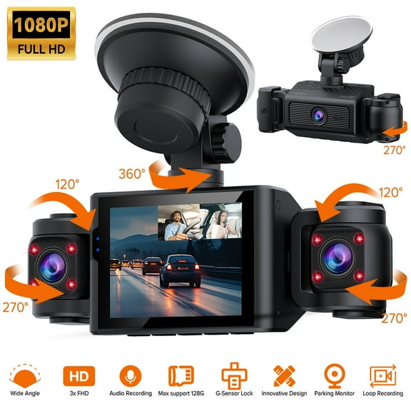 3 Channel 1080P Dash Cam Front & Inside, 2.4 Inch IPS Car DVR, 24Hr Parking Monitor (Separate Kit Needed), G - Sensor, 4 IR Night Vision, Loop Record, Reversing Assist, Easy Mount