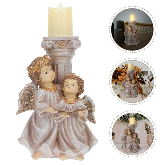 FRCOLOR Angel Shaped Resin Candleholder with Simulation Candle for Home Decor Khaki Color 1 Piece