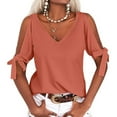 thumbnail image 2 of Summer V-neck Women Solid Color Off Shoulder Casual Shirt Bownot Blouse Tops, 2 of 3