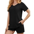 thumbnail image 3 of Qylux Pajamas for Women Set Ribbed Knit Sleepwear Set Summer Short Sleeve Top and Shorts 2 Piece Lounge Set with Pockets,Black,M, 3 of 9