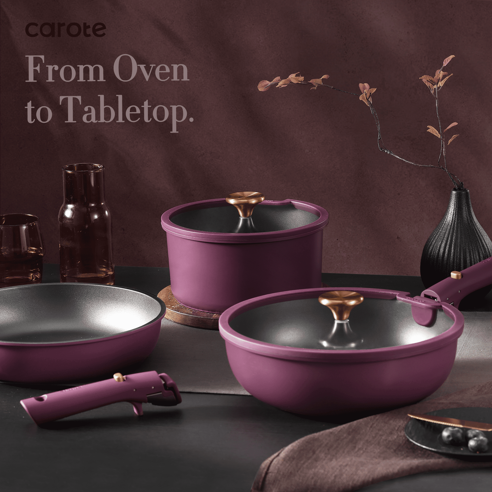 Carote 20 Pcs Nonstick Cookware Sets, Pots and Pans Set with Detachable Handles, Oven Safe, Induction Cookware, Stackable Kitchen Cooking Set, Ultra Violet