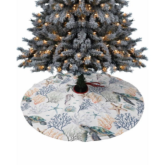 Nautical Coastal Christmas Tree Skirt 48 Inches Large Christmas Skirt Tree, Blue Orange Coral Sea Turtle Beach Tree Skirt Christmas Decorations for Fireplace Party Holidays Indoor Outdoor