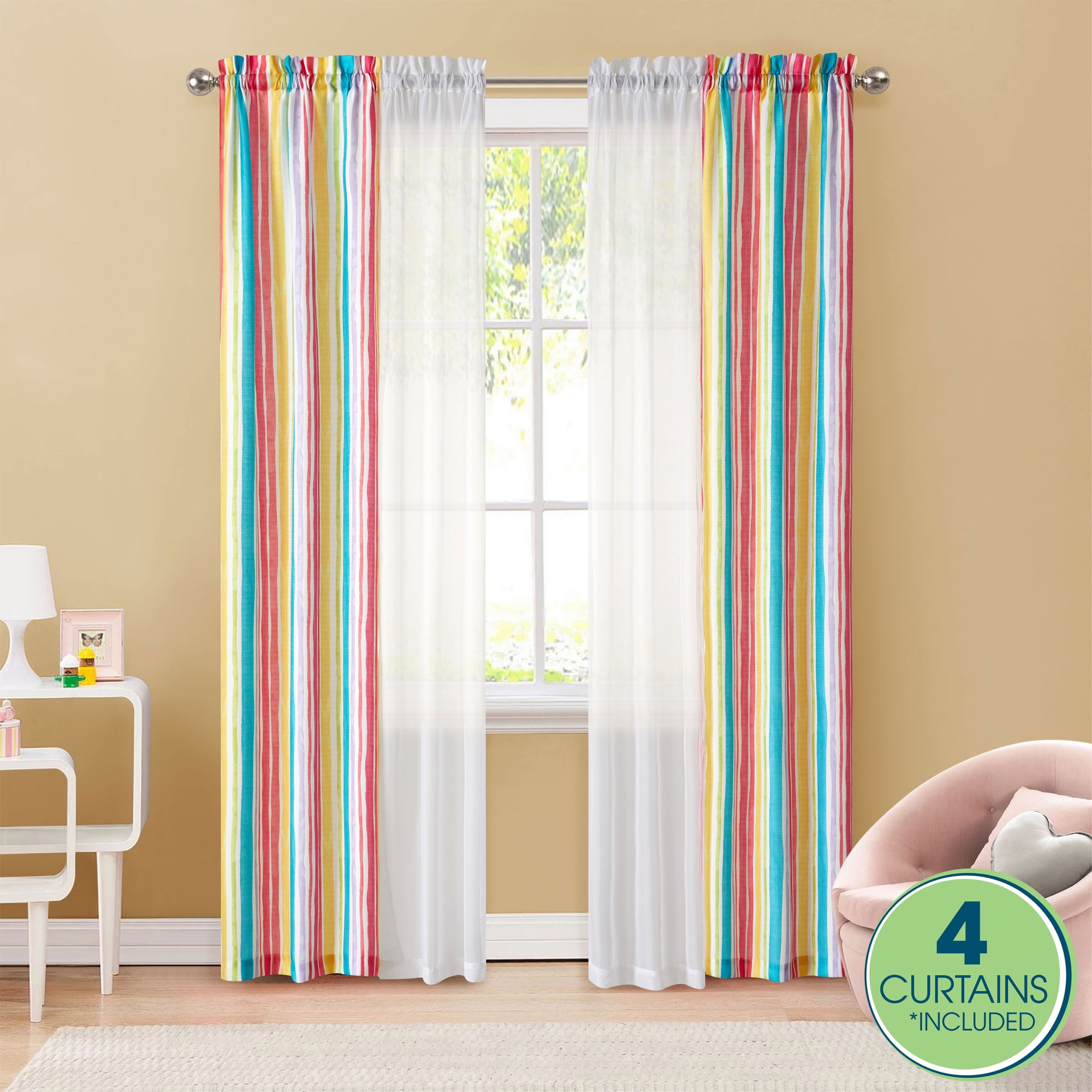 Your Zone 4-Piece Curtain and Sheers Panel Set, Watercolor Stripes, 27.5 in W x 54 in L