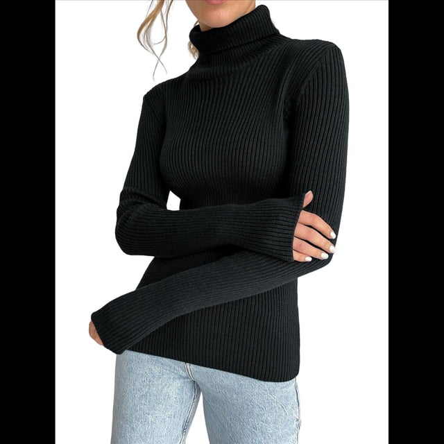 Suéteres Acanalados para Mujer, Lindos Suéteres de Punto de Cuello Alto, Ajustados y Cálidos Negro un Tamaño