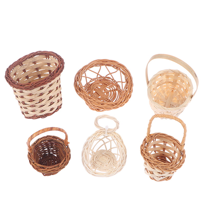 5 Round Wicker Basket Dollhouse Miniatures Food Flower Bakery Barbie Supply Deco 