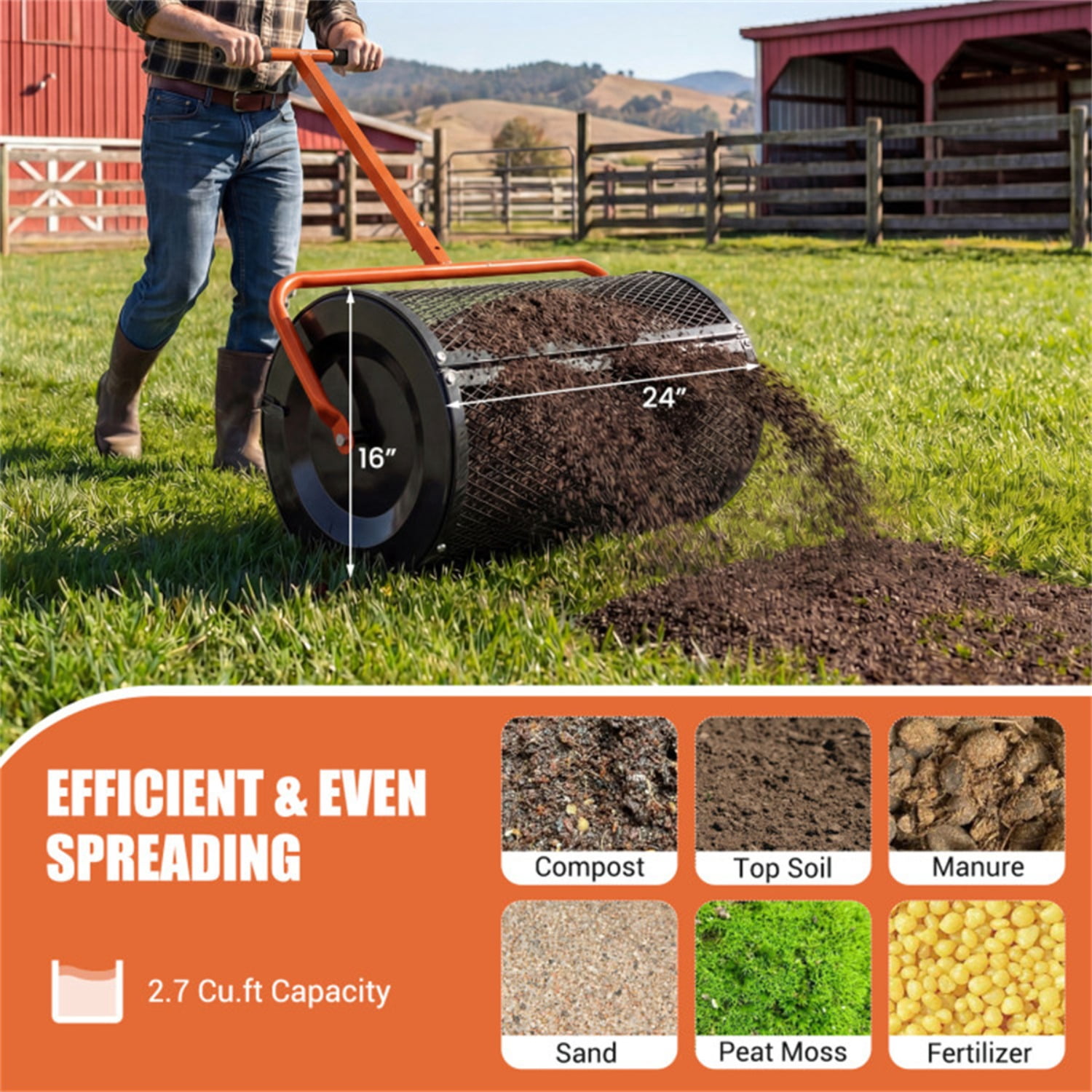 27"×16" Lawn Fertilizer Spreader with Diamond Mesh Clump-Free Garden Compost Spreader - Orange
