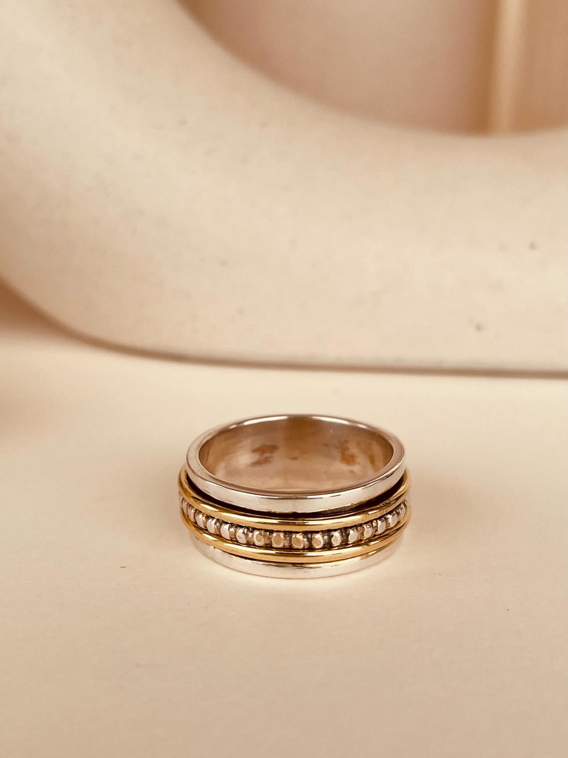 SS DESIGNS Fidget Spinner Ring - 925 Sterling Silver & Gold Plated Handmade Anxiety Relief Meditation Spinner Jewelry, Boho Statement Stress Reliever Gift