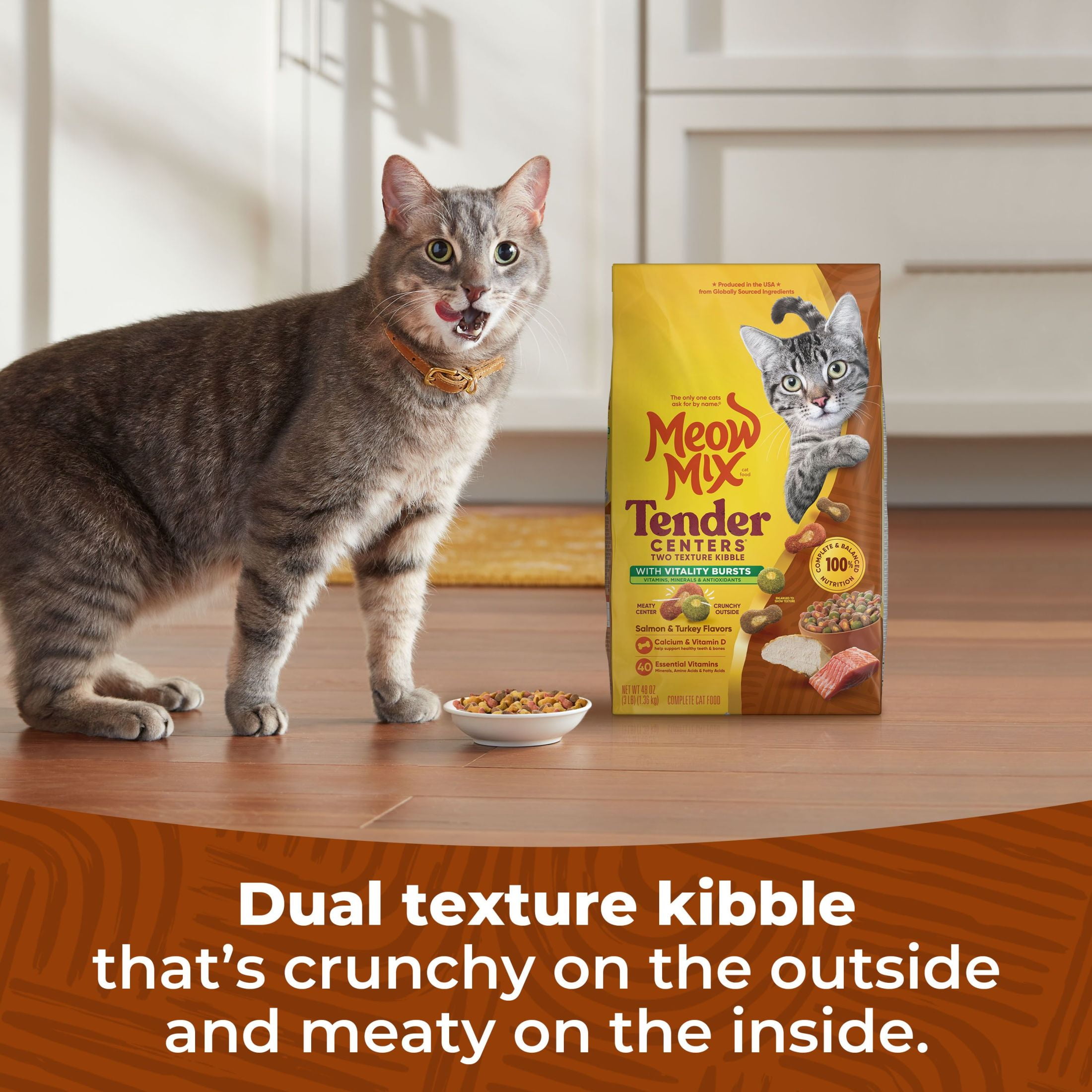 Meow Mix Tender Centers Dry Cat Food With Vitality Bursts Salmon & Turkey Flavors, 3 lb Bag