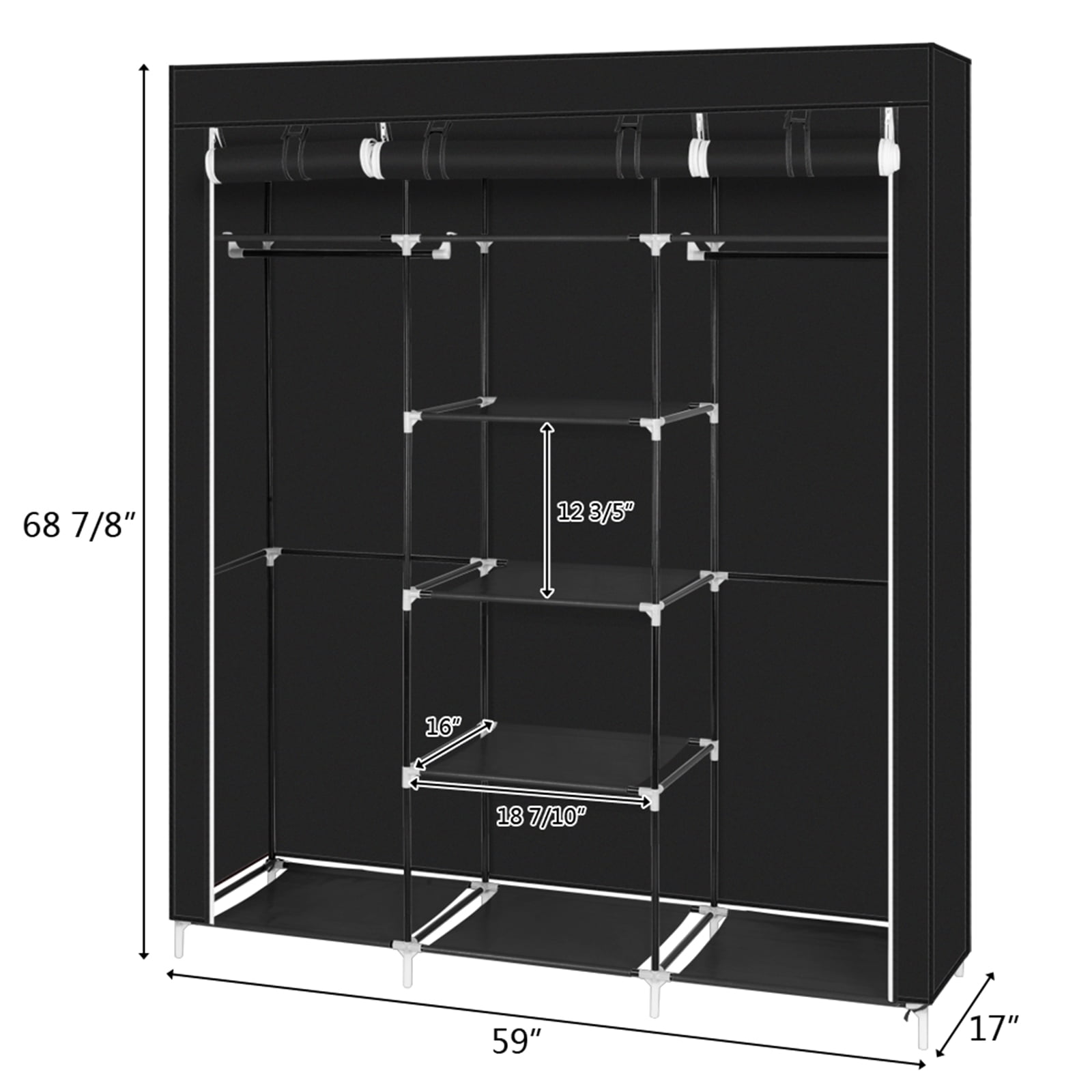 69" Clothes Closet Non-Woven Fabric Wardrobe Double Rod Storage Organizer, Black