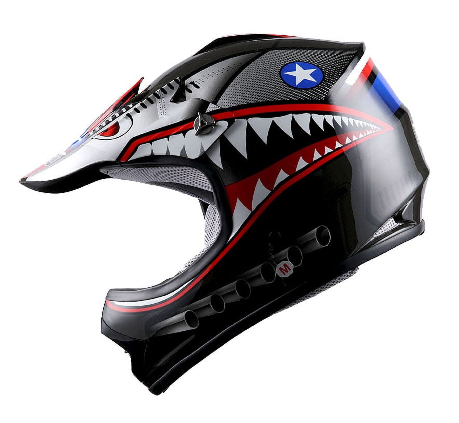 1Storm Youth Motocross Helmet Kids Motorcycle Bike Helmet HBOY Shark Black + Goggles + MG Youth Black Glove Bundle
