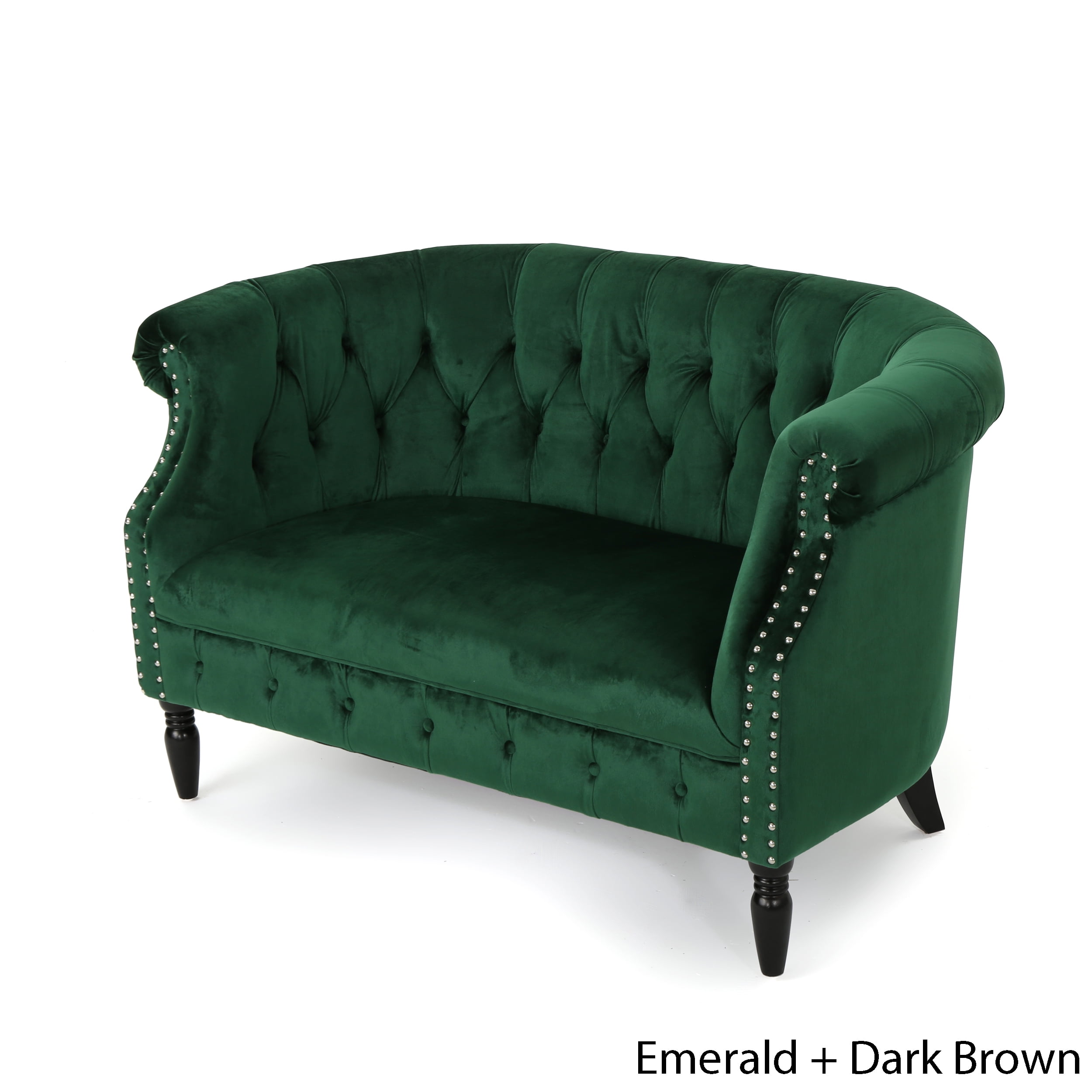 Noble House Myrna Button Tufted Velvet Loveseat, Emerald