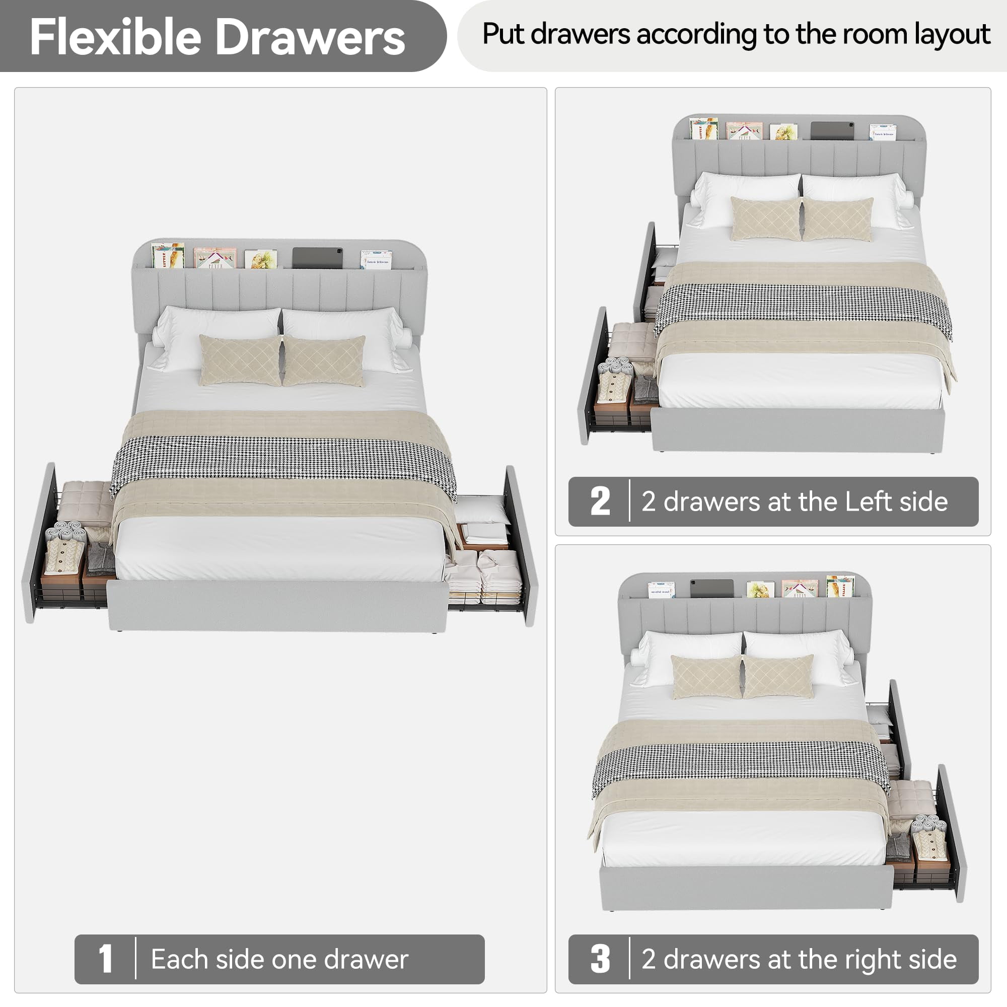Queen Bed Frame, Boucle Upholstered Platform Bed Frame with Storage Headboard & 2 Flexible Drawers, Easy Assembly, No Box Spring Needed for Teens, Adults
