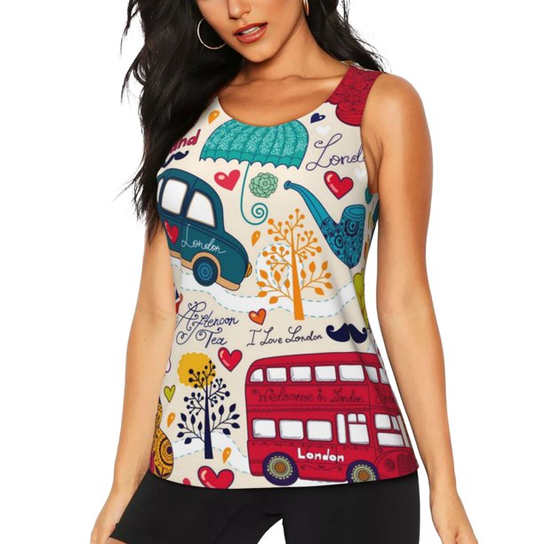 Balery London Symbols Camiseta sin mangas estampada ligera para mujer, tops de entrenamiento sin mangas, camisetas de yoga transpirables de secado rápido.-Large