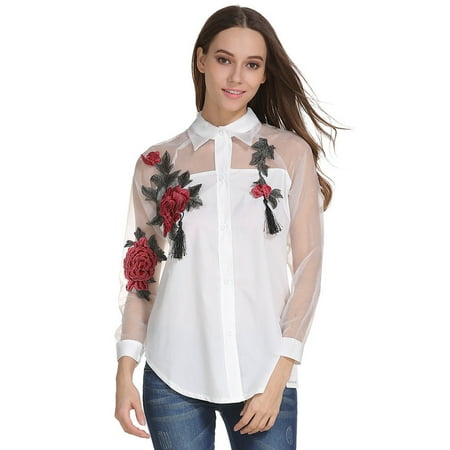 Women Embroidered Long Sleeve Shirt Hollow Mesh Yarn Tops