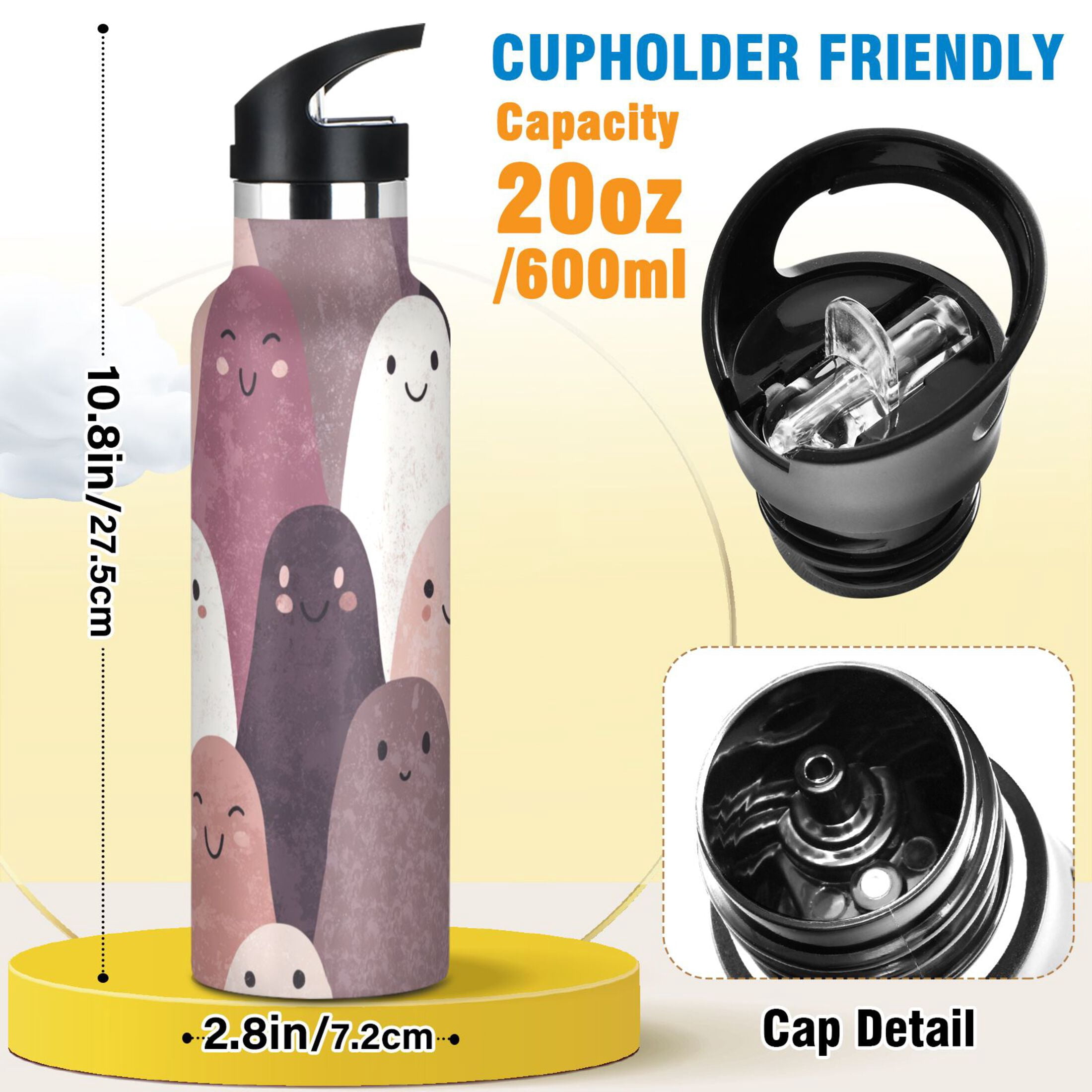 Kids Insulated Stainless Steel Sports Water Bottle 600ml (20oz) Smiling Ghost