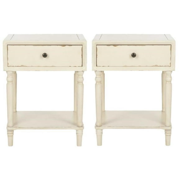 Home Square Poplar Wood Night Table in Distressed Vanilla - Set of 2