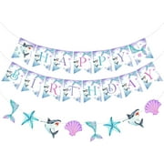 Mermaid and Shark Happy Birthday Banner, Fish Tail Shell Starfish Bunting Garland, Under The Sea Birthday Party Decorations, Girl Boy Joint Sibling Birthday Party Supplies