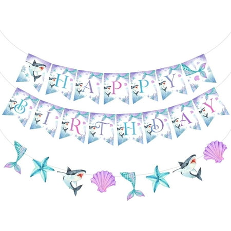Mermaid and Shark Happy Birthday Banner, Fish Tail Shell Starfish Bunting Garland, Under The Sea Birthday Party Decorations, Girl Boy Joint Sibling Birthday Party Supplies