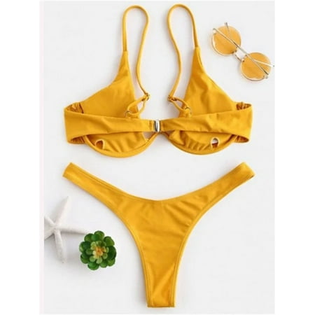 Sexy Underwire Bikini Mujer Women Solid Red Push Up Bra Thong Swimsuit Haler V Neck Bathing Suit Mini Micro Thong Swimwear