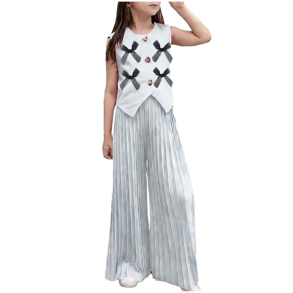 KyCheLot Girl's Clothing Sets 2 Piece Bowknot Button down Vest Tops and Wide Leg Pleated Dress Pants 2-9 Years