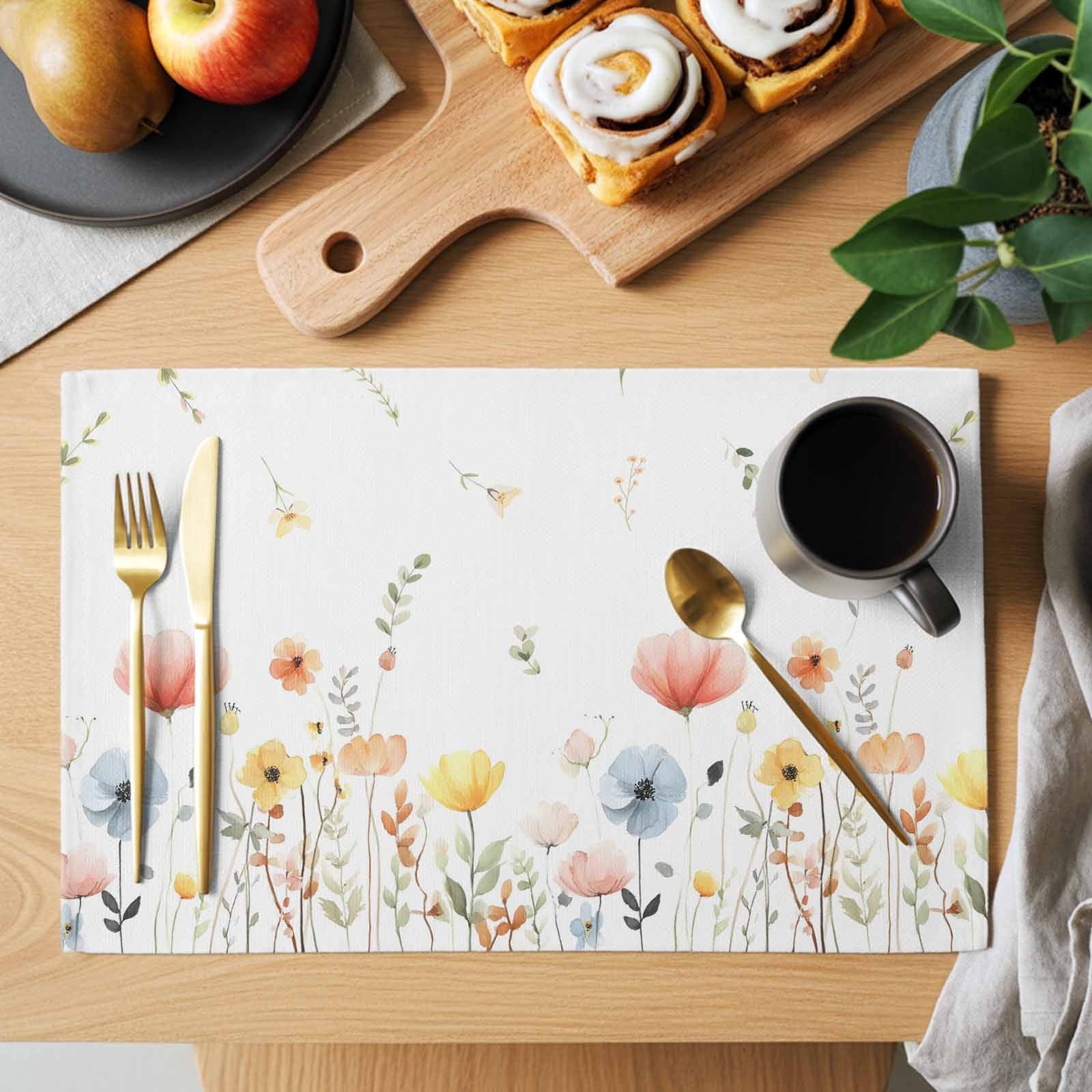 Spring Wildflowers Placemats Set of 4, Watercolor Rustic Flowers Floral Leaves Placemats for Dining Table, Place Mats for Kitchen Tabletop, Waterproof Wipeable Dining Table Mats Set