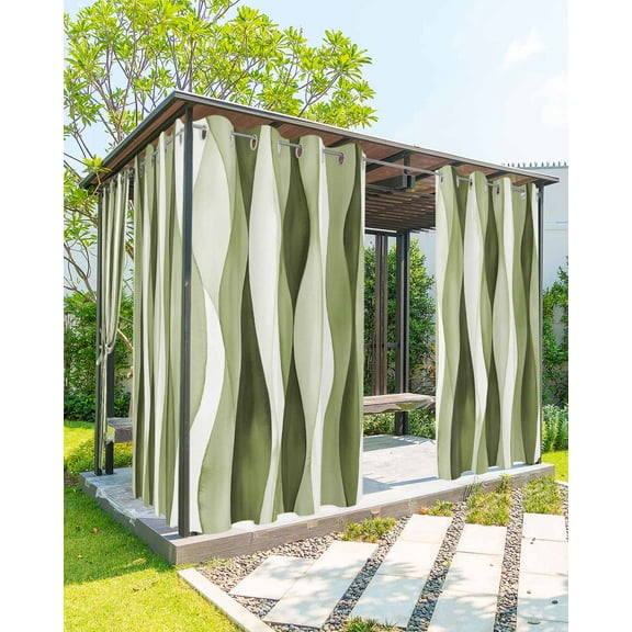 Outdoor Curtains for Patio, Sage Green Stripes Waterproof Blackout Outside Curtain for Porch/Pergola, Retro Farmhouse Abstract Ripple Thermal Insulated Drapes for Cabana, 2 Panels, 54 x 95 Inch