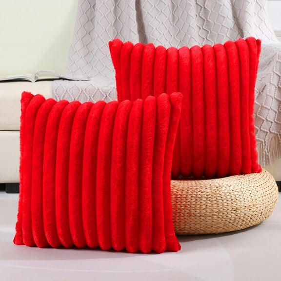 Red Striped Decorative Throw Pillow Covers 18x18 Inch Set of 2,Square Spring Decorations Couch Pillow Case,Soft Cozy Faux Rabbit Fur & Velvet Back,Modern Home Decor for Bed