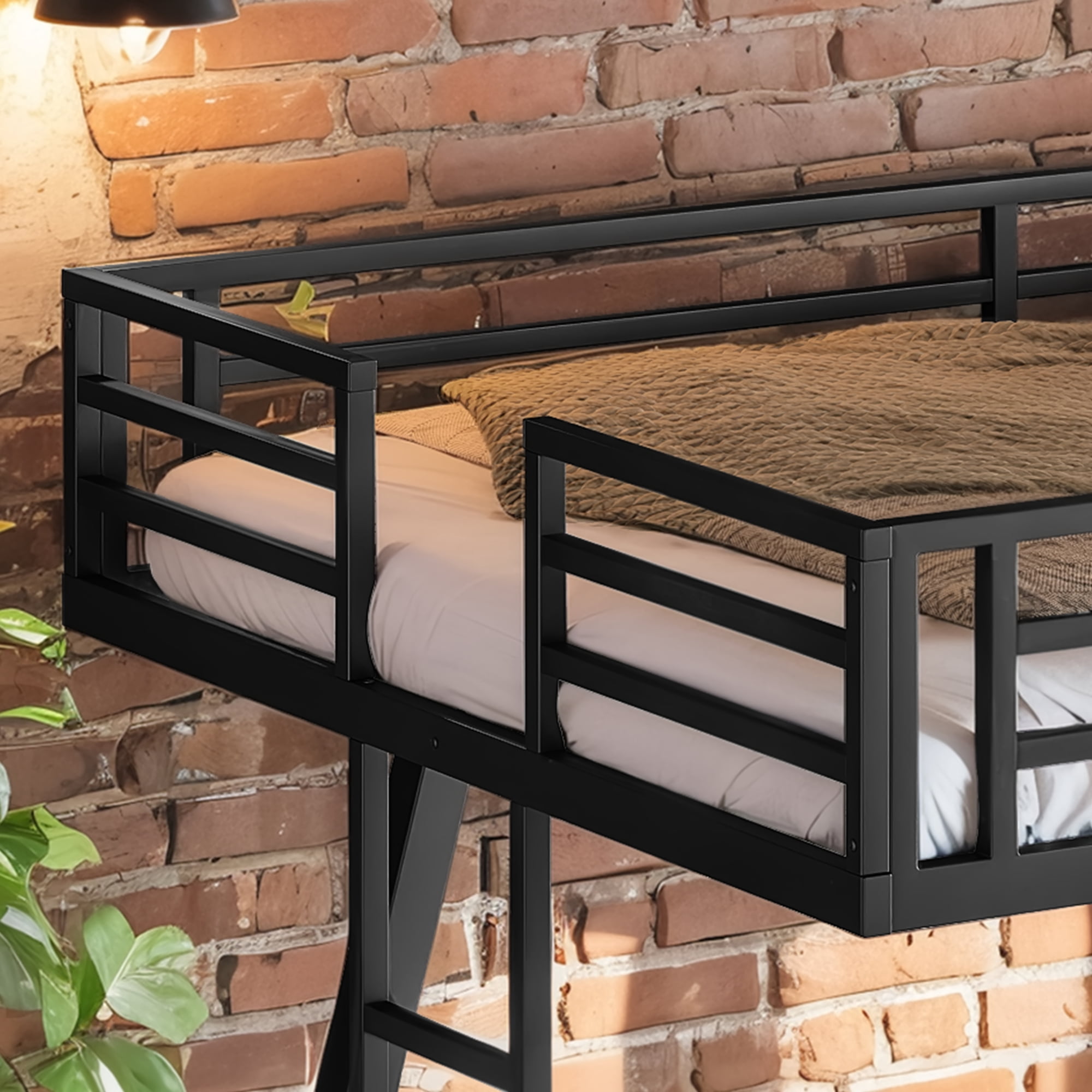Leumius Queen over Queen Bunk Bed Frame with 2 Side Ladders, Metal Bunk Bed with Spdcial Support Leg Design and LED Light, Low Profile Bunk Bed for Teens Adults Black