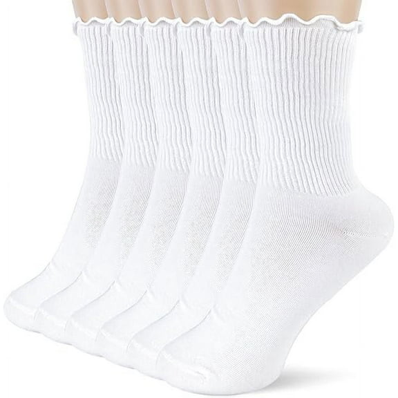 NAMZI 6pcs Womens Cotton Socks - Ruffle Turn Cuff Sock - Casual Crew Frilly Sock（White）