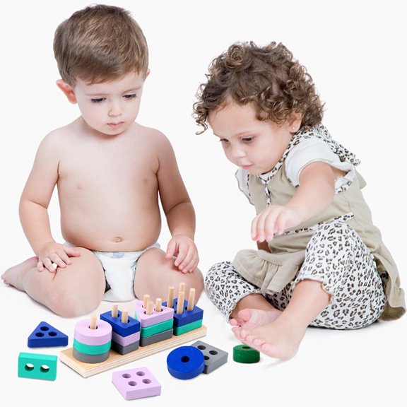 Wooden Sorting and Stacking Toy for Toddlers, Shape Sorter Color Block Puzzle Stacker, Early Educational Toy for Boys and Girls 1-3 Years Old