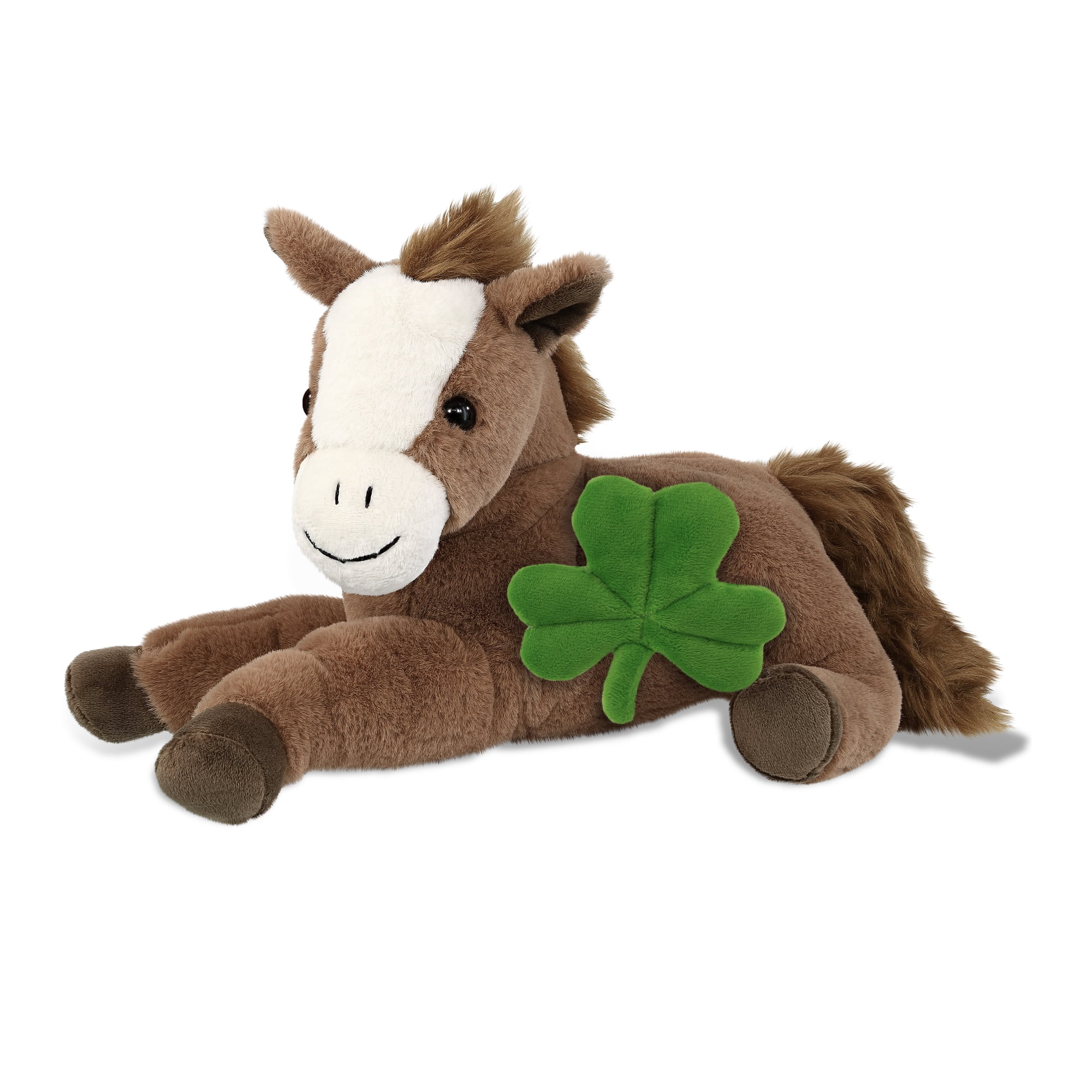 DolliBu Laying Brown Horse Stuffed Animal with Green Plush Shamrock, Cute Green Shamrock Plush, Fun St Patricks Day Stuffed Animal Horse, Good Luck St Patricks Day Toys for Kids, Baby - 9 Inch