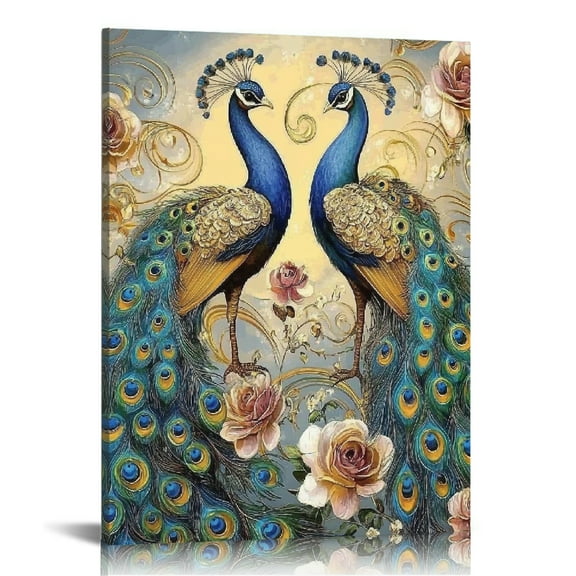 Patifu Peacocks Flowers Swirls Canvas Wall Art Home Decor 12x16 in