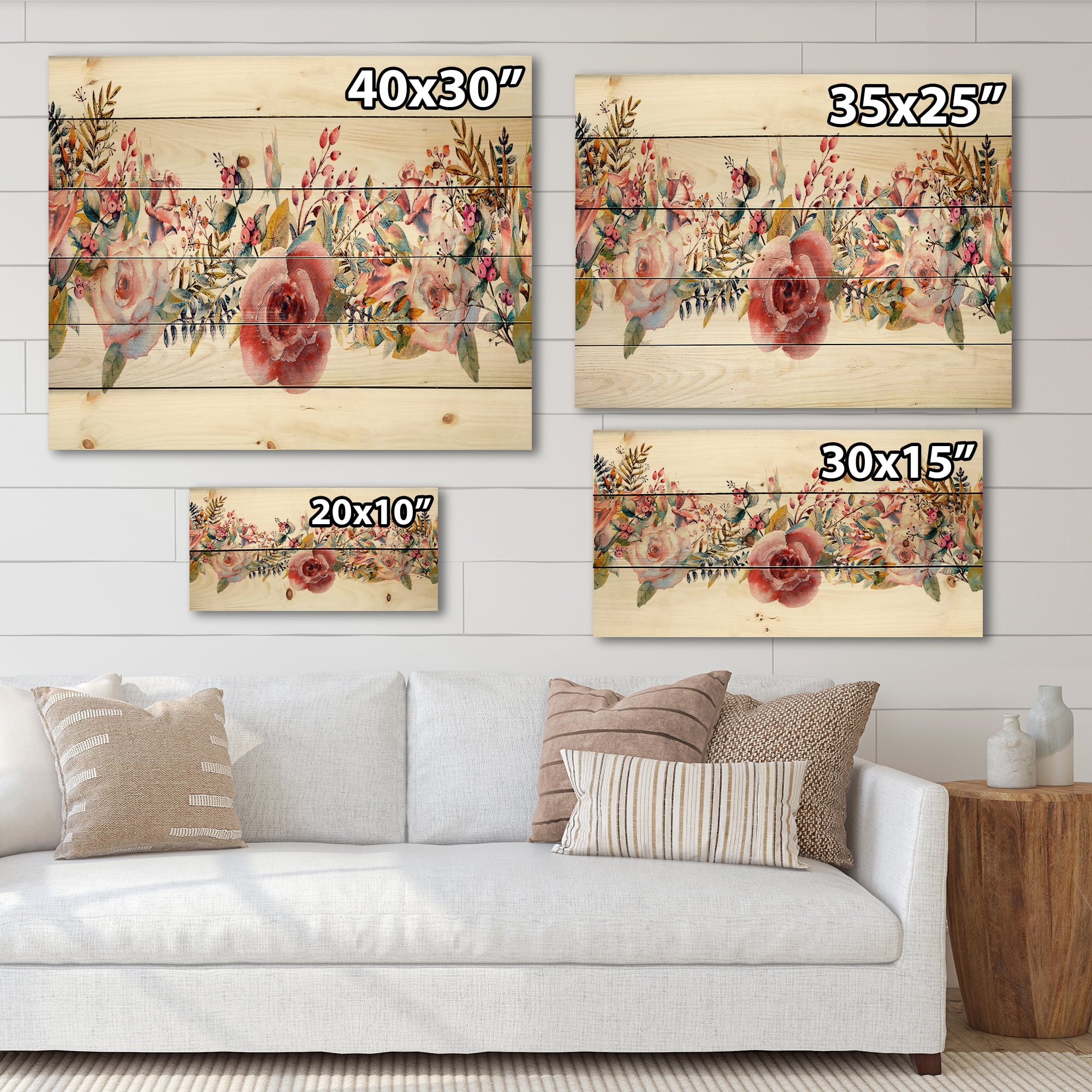 Designart 'Wildflower and Pink Roses' Farmhouse Print on Natural Pine Wood