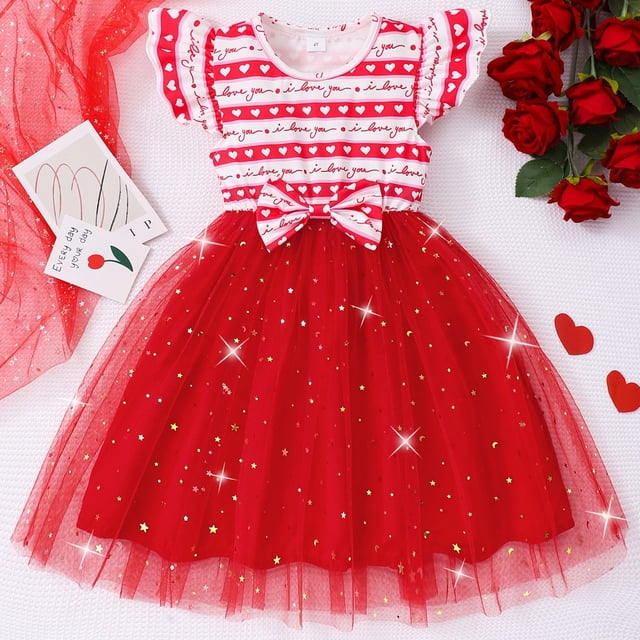 Robe d'Été pour Filles Bébé Fille Manches à Volants Robe Décontractée en Maille Robe de Princesse avec Nœud Robe Enfant Fille Rouge 6 Ans-7 Ans