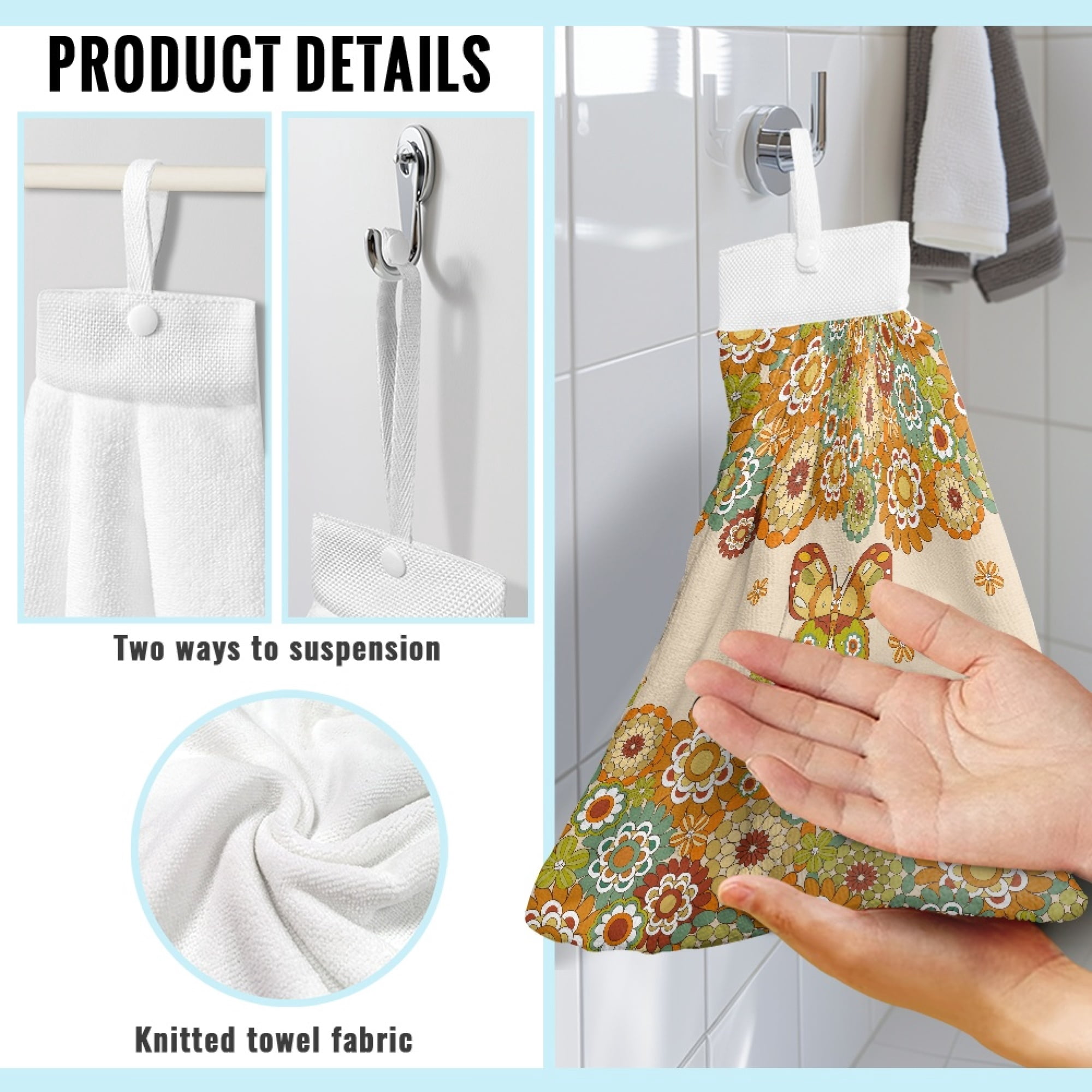 SEANATIVE Butterfly Hand Towels for Bathroom Mandala Hand Towel with Button Loop Highly Absorbent Tie Towel Fast Drying Hang Towel Gym Hotel Spa Hand Drying Puff Washable Dish Wipe Cloth 2 Pcs