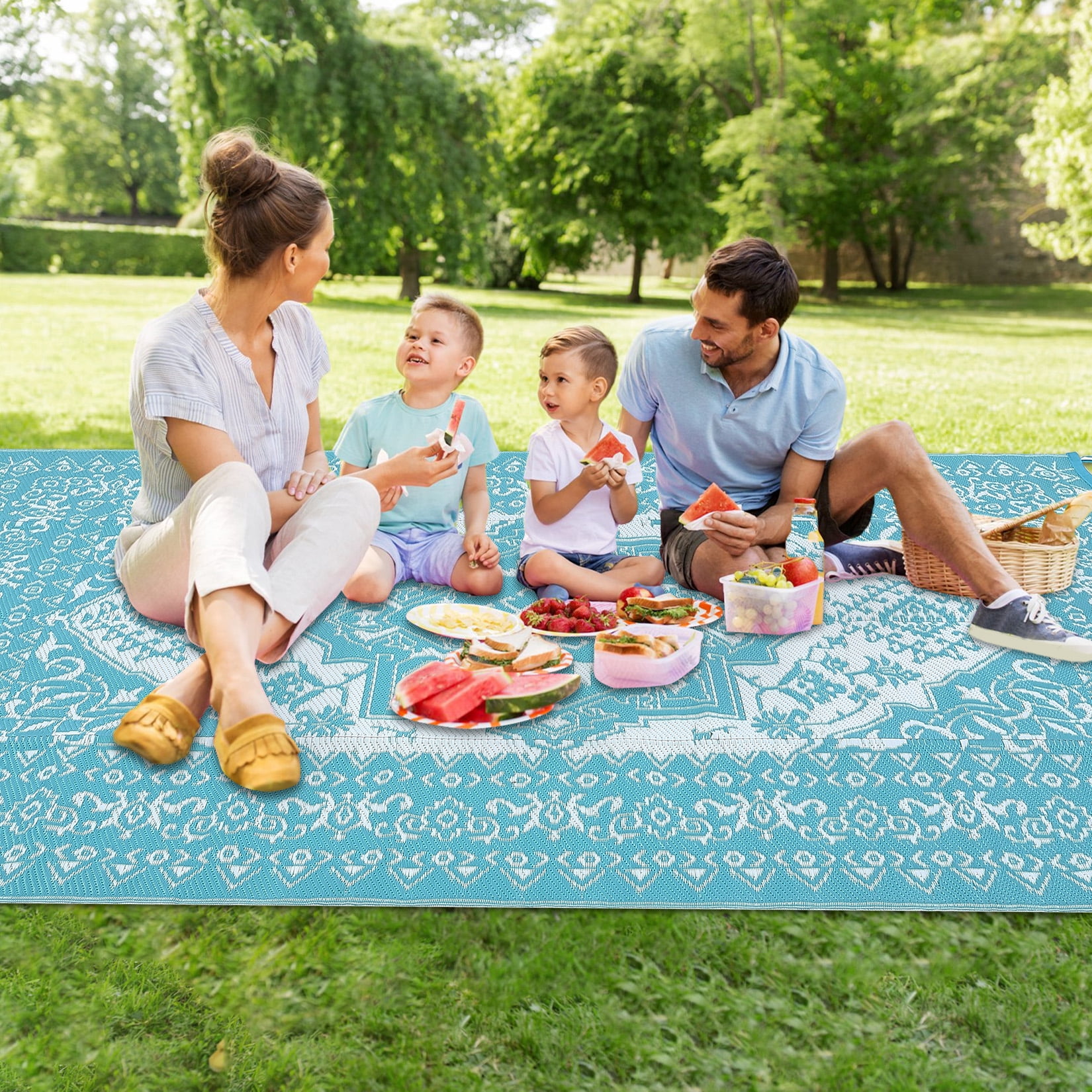 Senfot 9x18 Waterproof Reversible Plastic Straw Indoor Outdoor Area Rug for Patio RV Camping Balcony Deck Backyard Light Blue and White