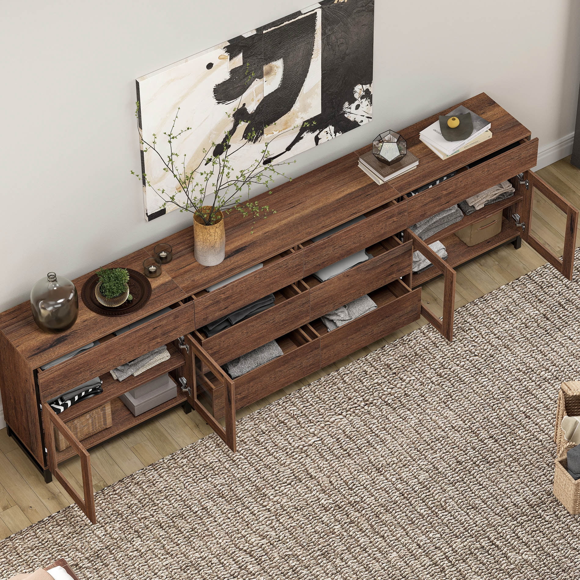 3 In 1 Multifunctional Dresser with Glass Doors & 7 Drawers, Modern Chest of Drawers with Adjustable Shelf and Metal Base, Household Storage Cabinet for Bedroom,Brown