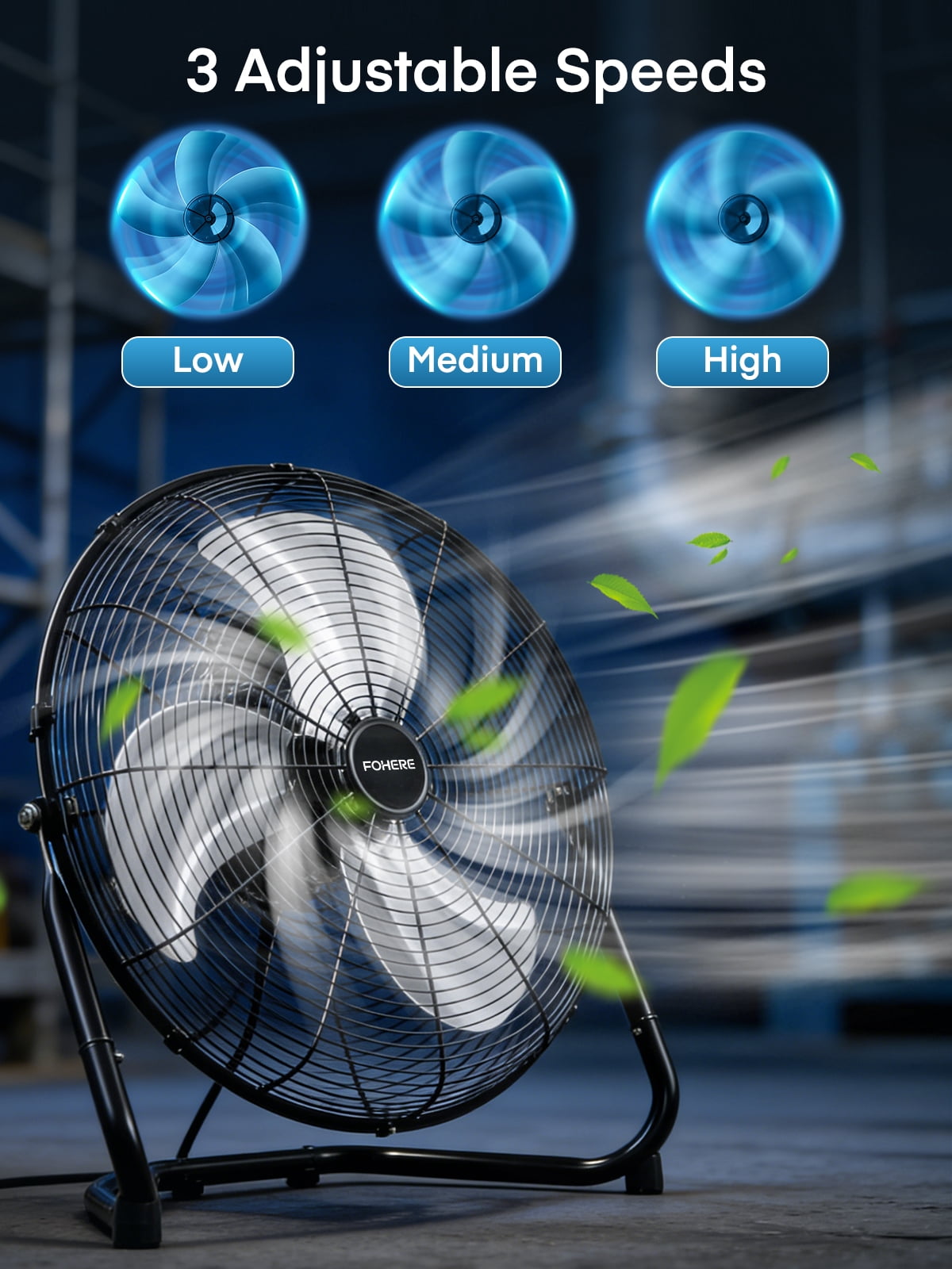 FOHERE 20" High Velocity Floor Fan, Heavy Duty Metal Cooling Fans with 3 Speeds, 360° Tilt Head, Etl Safety Listed, for Industrial, Commercial Space, Garage, Gym, Warehouse, Shop