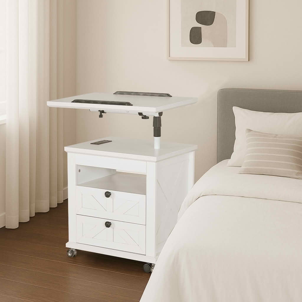 MAYEERTY White Nightstand with Lockable Wheels, Multiple Storage Drawers USB Port for Living Room