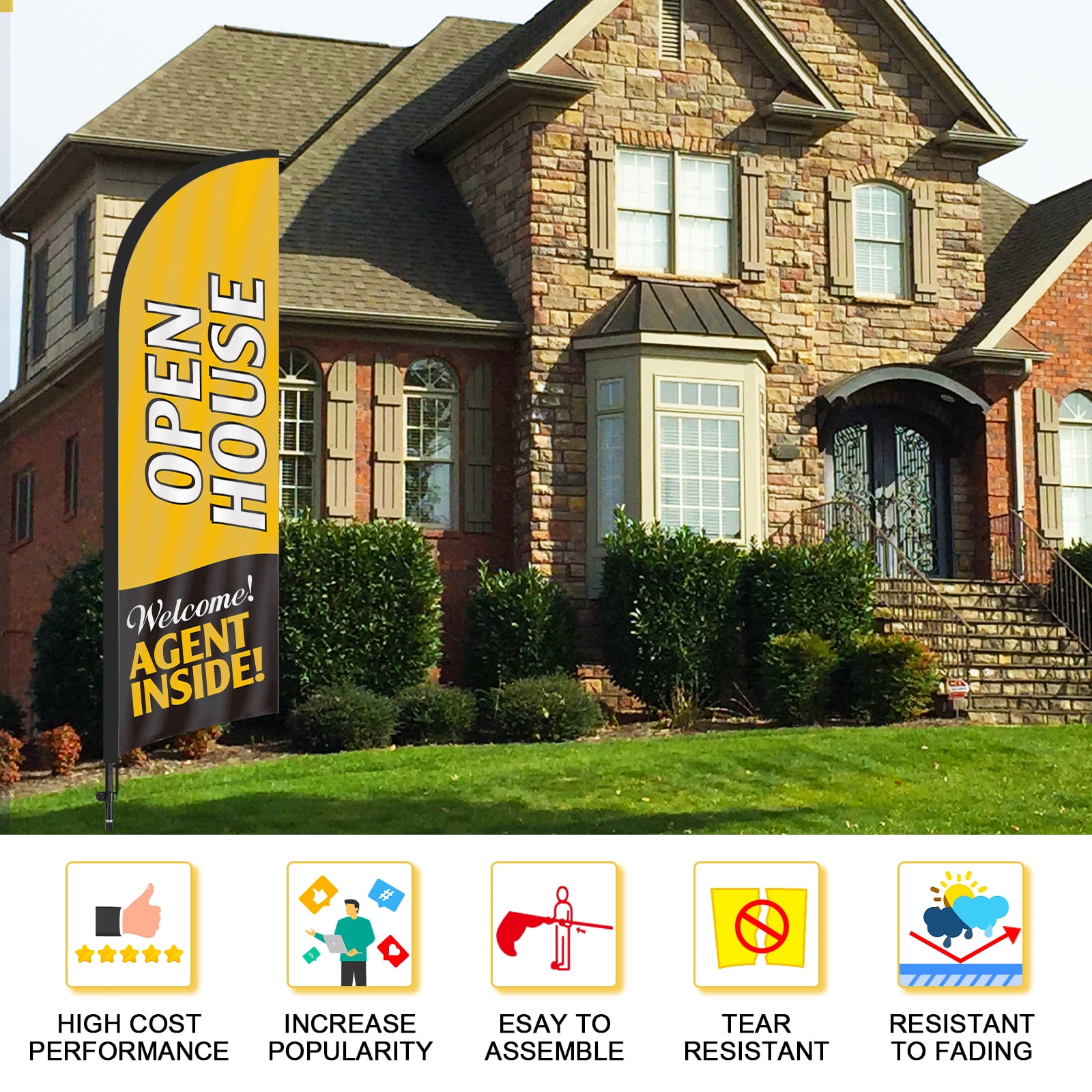 QSUM Open House Feather Flag with Flag Pole Kit and Ground Spike, 7FT Open House Windless Flag Banner Sign Business for Welcome Agent Inside Outdoor Advertising Sign Decoration Display（Orange）
