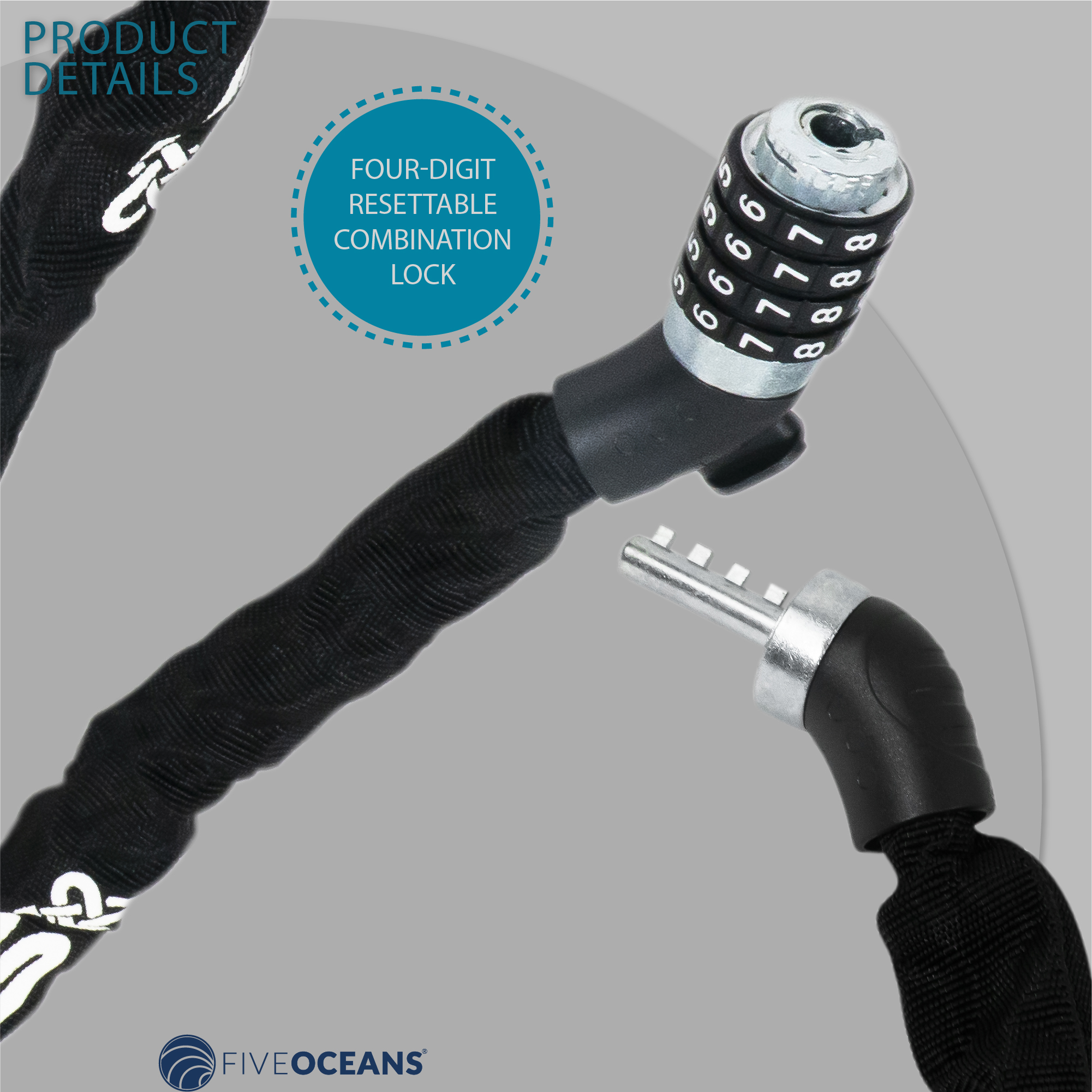 Five Oceans Bike Chain Lock, Combination Anti Theft Bike Locks Heavy Duty, Security Resettable Bicycle Lock with Mounting Bracket, 4 Feet Long for Bike, Motorcycle, Bicycle, Door, Gate - FO3958